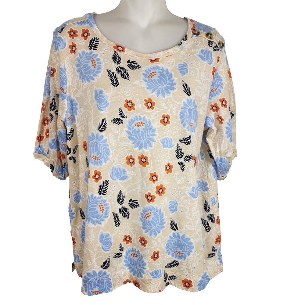 Loft Outlet Women Top Cotton Floral Short Sleeve Beige Blue Knit Button Detail L